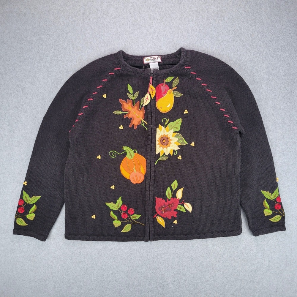 Tiara International Cardigan Women Medium Black Fall Harvest Pumpkin Embroidered